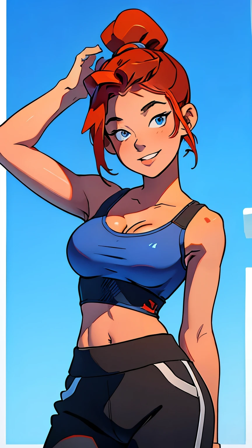 masterpiece, best quality, half body,, highest image quality, looks like Olivia Dunne, bright red hair, ponytail, blue eyes, wearing a large, blue body suit and black sweatpants, smiling, (large breasts:1.5), White background, empty background, standing, plain regular pose
