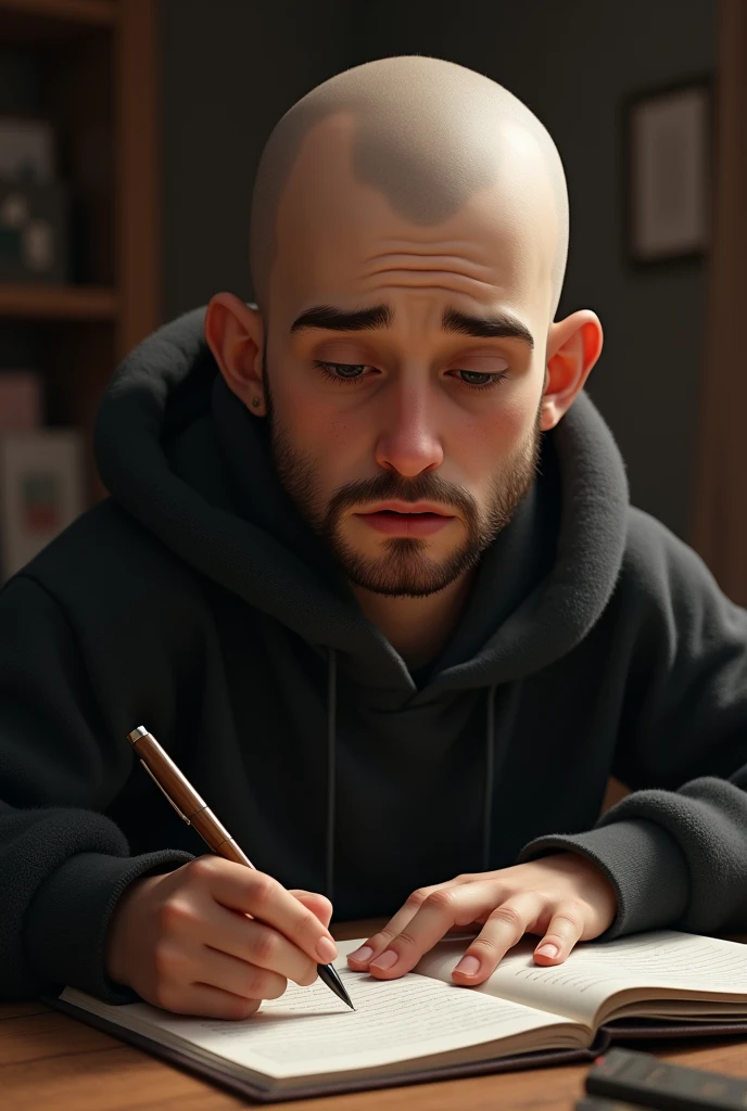 A small beard bald boy long face with black hoodie writing stories