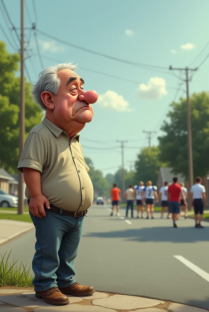 Caricature of a man on the street watching teenage football from a distance