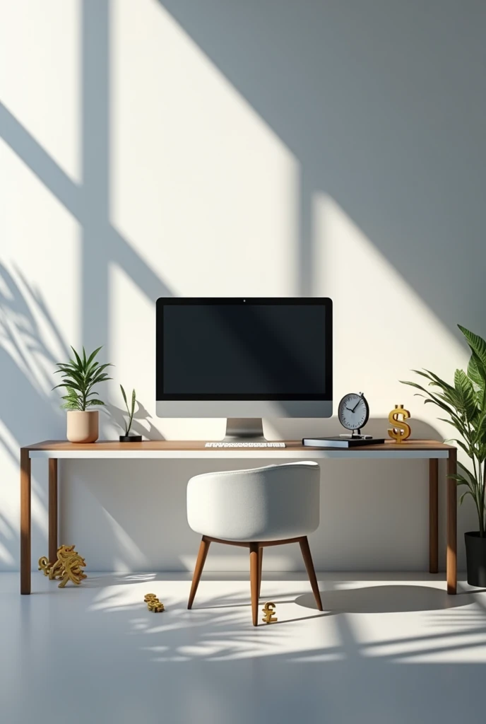 Background of a modern office setting with a desk, computer, clock, and currency symbols."
