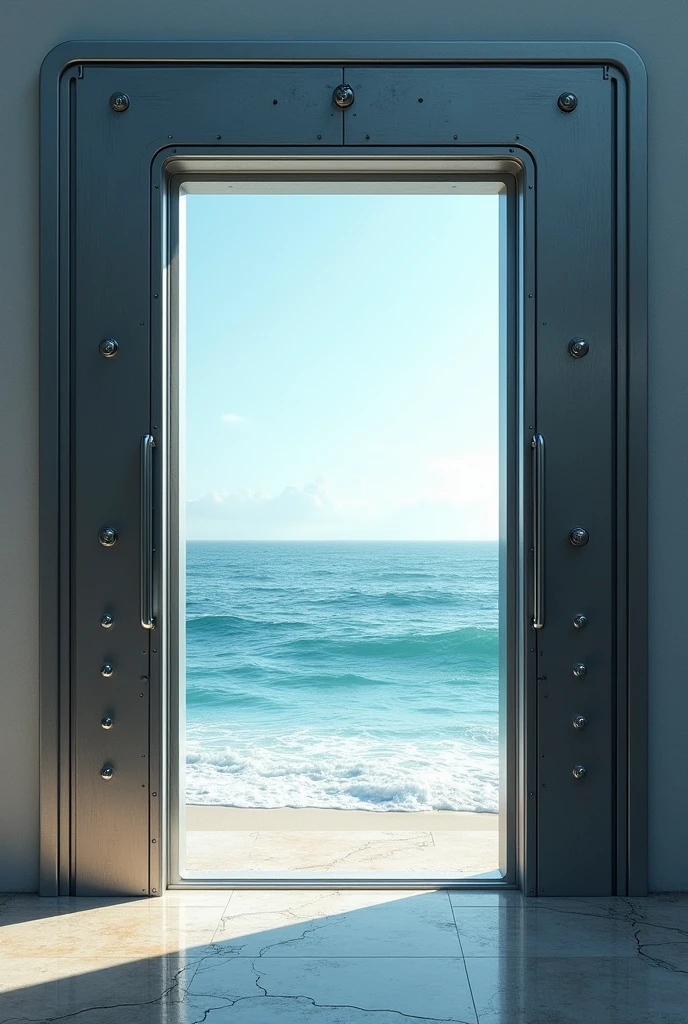 draw an sci-fi drawing about a door front of an ocean