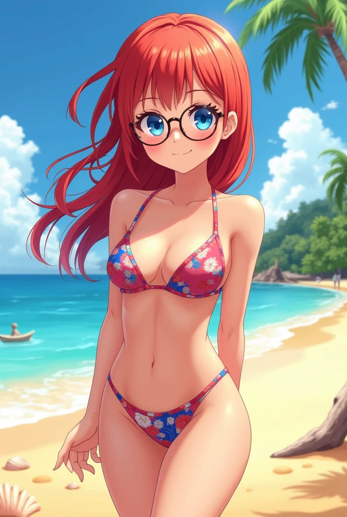 1 anime age girl with long red hair, blue eyes, round eye glasses, wearing a swimsuit on the beach, and a blush mark on her cheeks