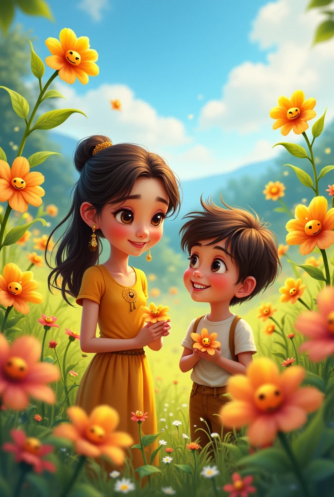 illustration , Maria and Lucas in a colorful field, surrounded by Smiling Flowers. The flowers have friendly faces and seem to be dancing in the breeze. Maria is carefully collecting nectar, while Lucas watches. Disney pixar