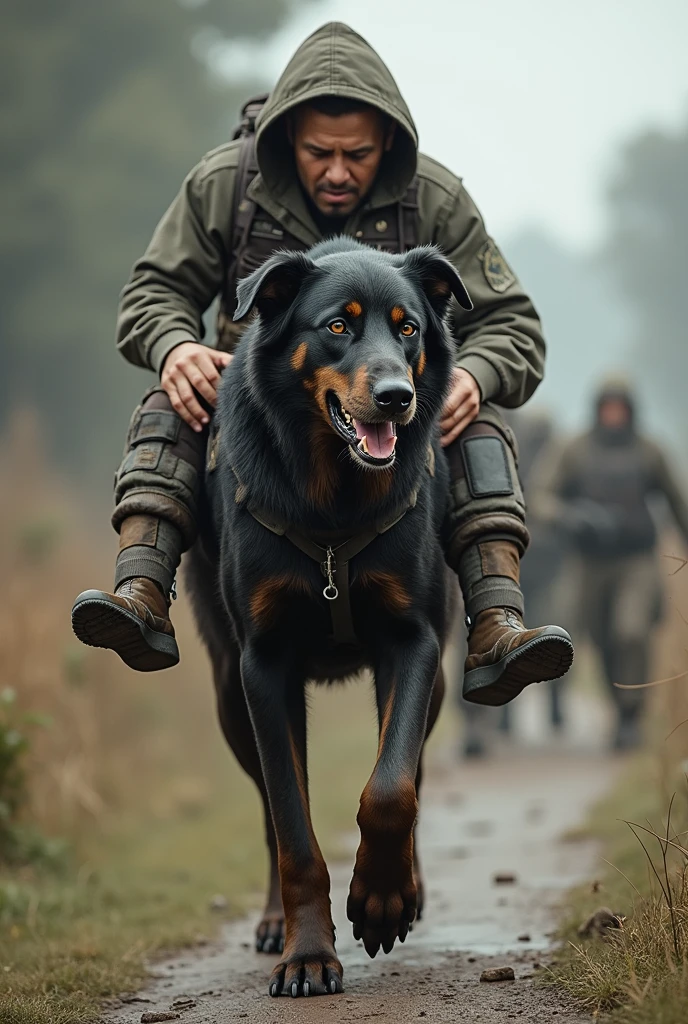 A dog running in the middle of a field, he has a leash and a backpack attached to his back. In the backpack there are explosives and a chronometer, k9, the photo shows a large, intense knowledge, shutterstock, canine, impeccable military composure, afp, marine, special forces security, close - up shot, close-up shot, interesting shot, by Bernard Meninsky, dog, intense moment, intense scene