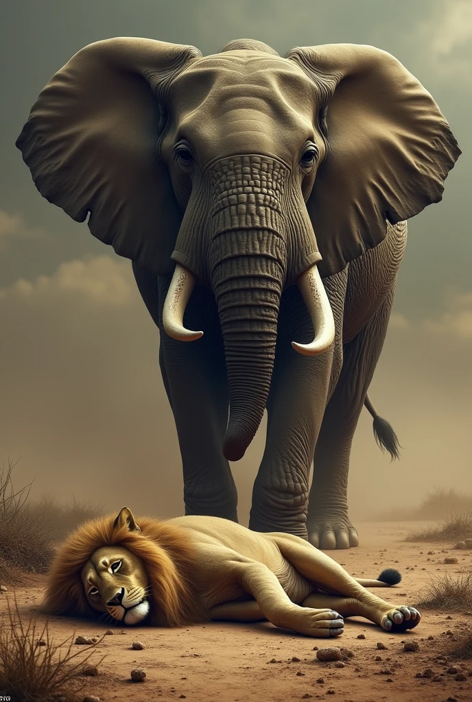 A dead lion killed by elephant
