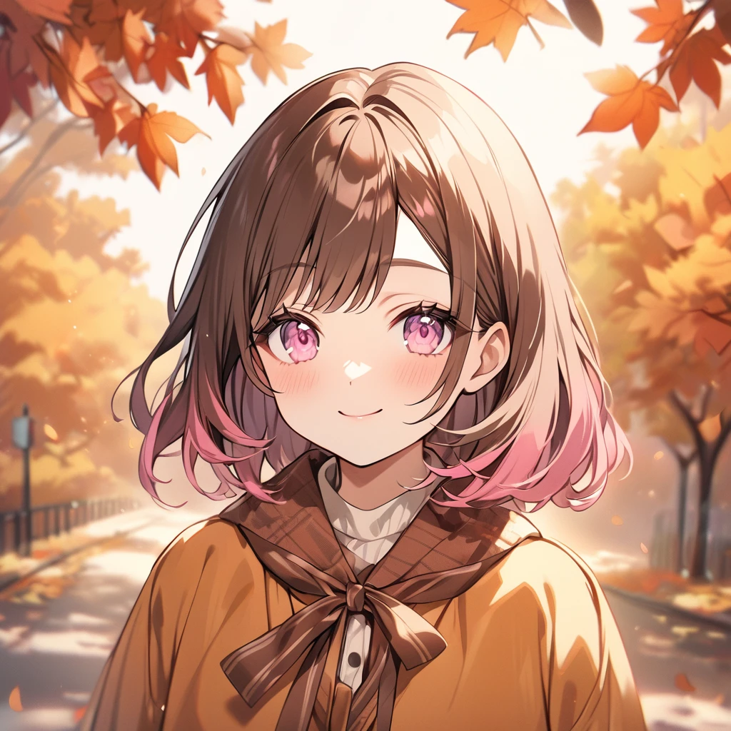 good looking, alone, 1 female, Medium Hair, Brown Hair, Pink highlights on the tips, Pale pink eyes,Smile Facial,Autumn Clothes,teddy bear