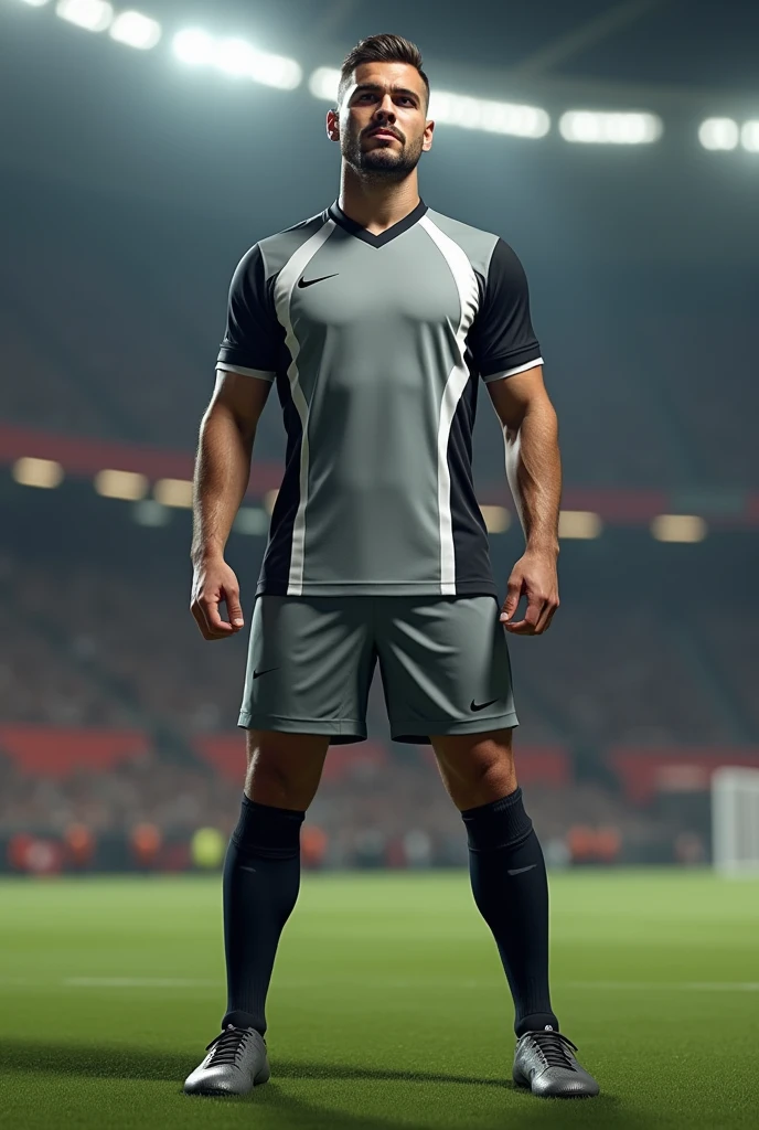 football uniform, gray shirt, White and black, Grey shorts, blackstockings.