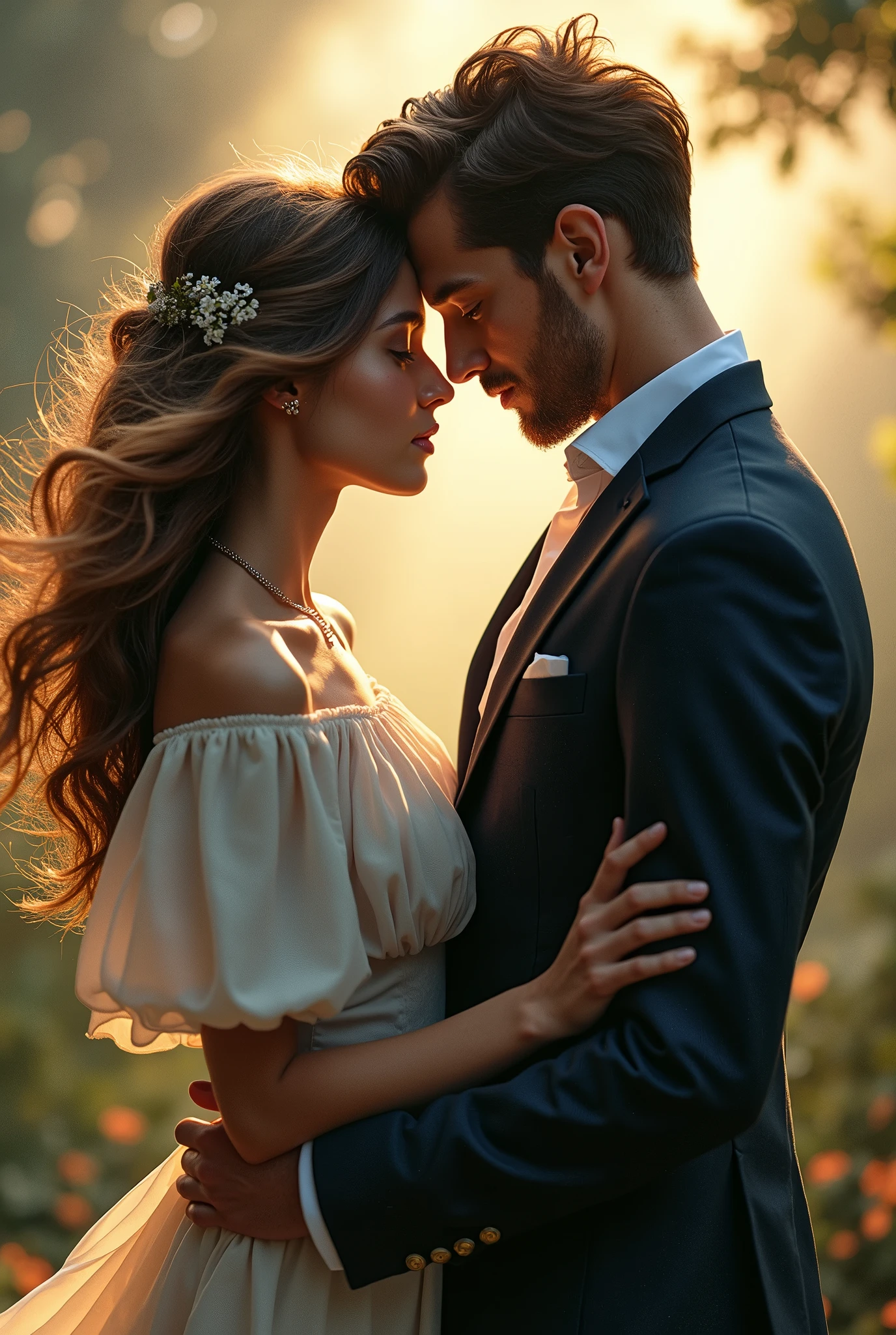 Design a book cover with a Beautiful girl with wavy long hair, bohemian dress, and a handsome boy with blue eyes, perfectly chiseled face, suit with violence, crime and war in the backdrop