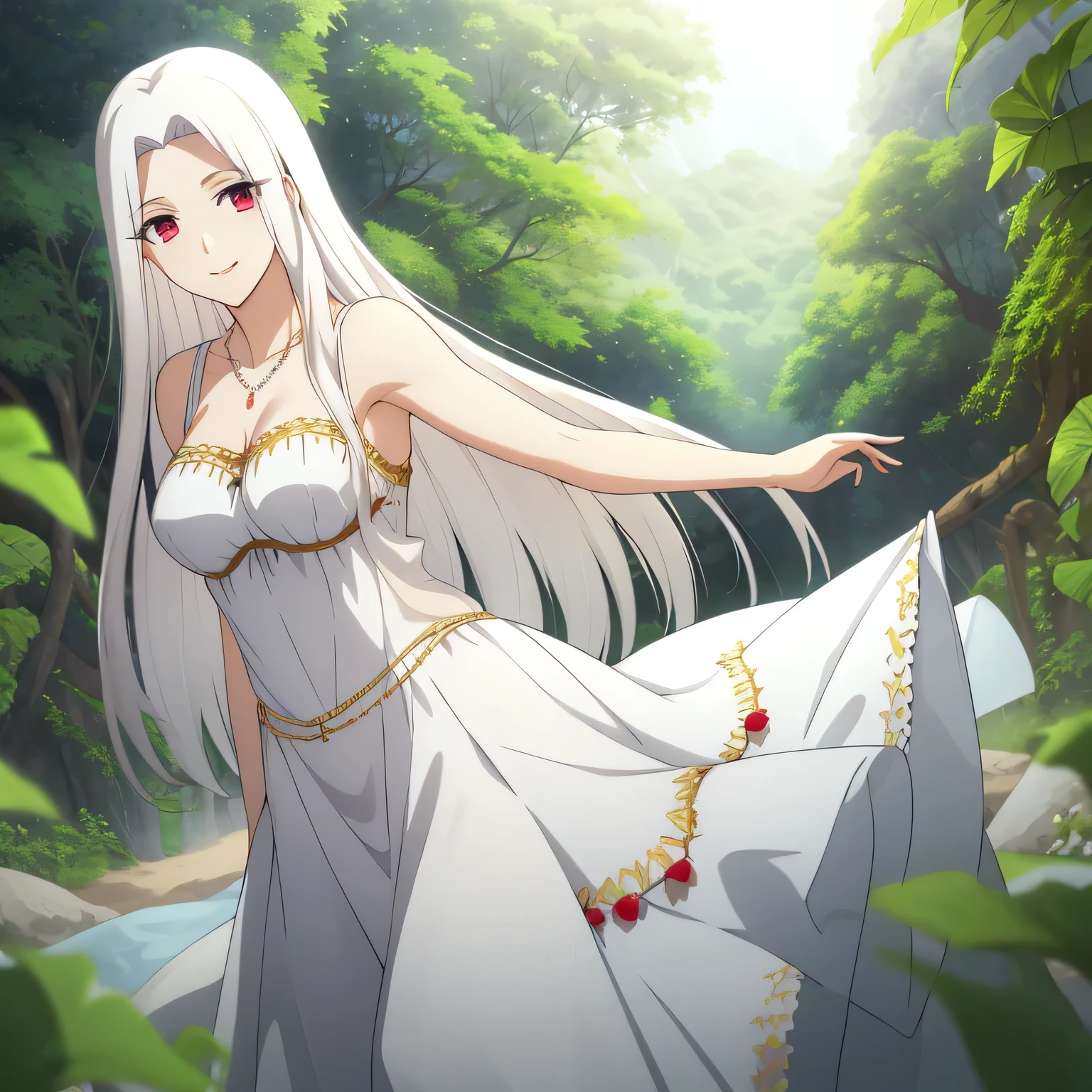 Irisviel,Greek silky dress sleeveless,solo,looking at viewer,beautiful smile,arm at side,middle size of breast,beautiful necklace,tall breasts,flowers in air,in beautiful jungle,irisviel,mikasa black hair wearing knight suit,kiss irisviel hand