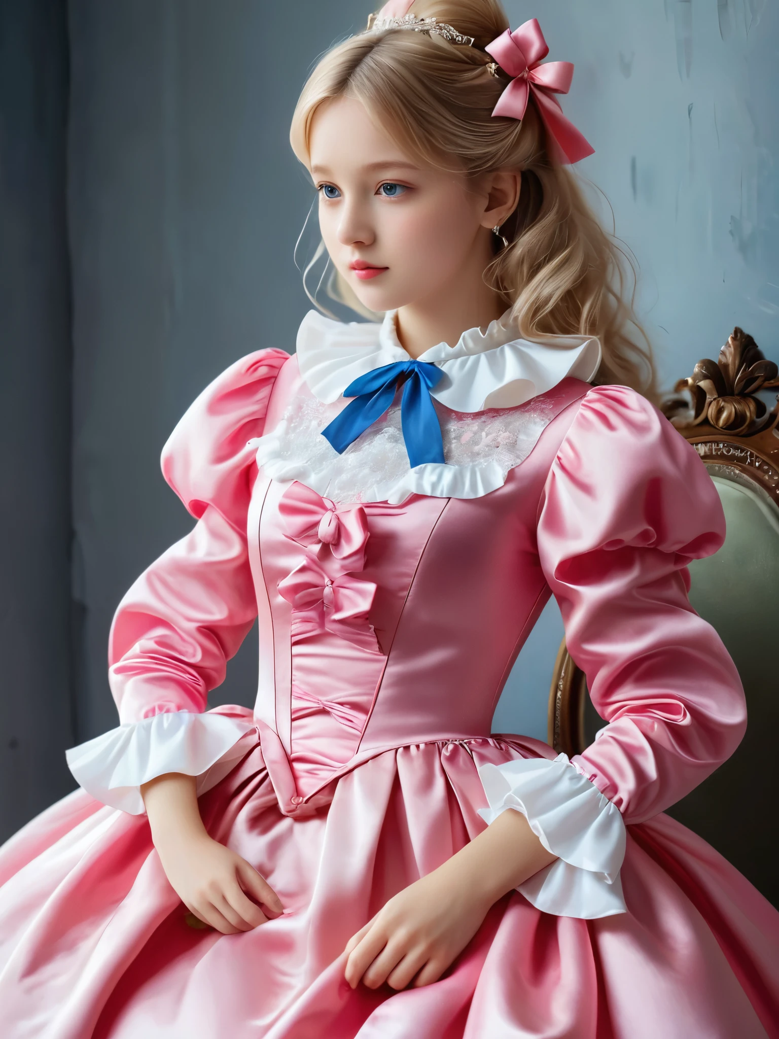 (masterpiece,Highest quality), (Absurd:1.3), (Photographic realism:1.4), Beautiful European Girls Photos, (Super detailed, Ultra-realistic, Ultra-realistic, 8k, Ultra-high resolution), (Dynamic pose:1.2), blonde, Long Hair, (Skin with attention to detail, Detailed skin texture:1.1), Break 1,Young girl, (Short girl:1.3), Detail Eyes, Detailed aspect, ,(( )),She is a princess,Full-length ball gown dress with hoop skirt,Frilled yoke collar,Puff sleeves,Long sleeve,((A ta-style hot pink detailed princess satin dress with lots of ruffles and bows)),Rococo fashion,shiny satin dress,Soft and smooth fabric,luxury,長いblondeの髪,blue eyes,White skin European,pajamas,((In the bedroom)),high quality luxury bed,