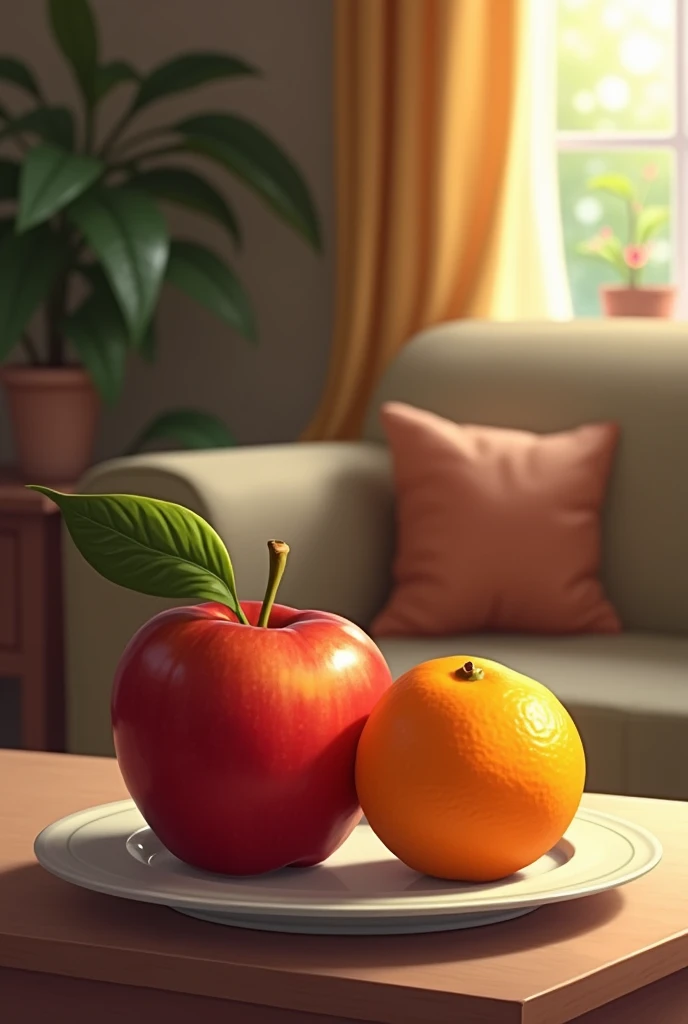 draw picture apple and orange on the dish. they are in the room.