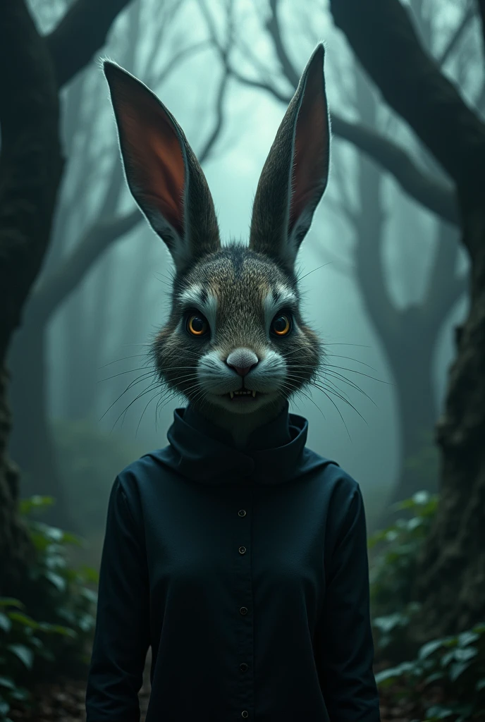 Evil female rabbit in a spooky forest. wearing a closed shirt