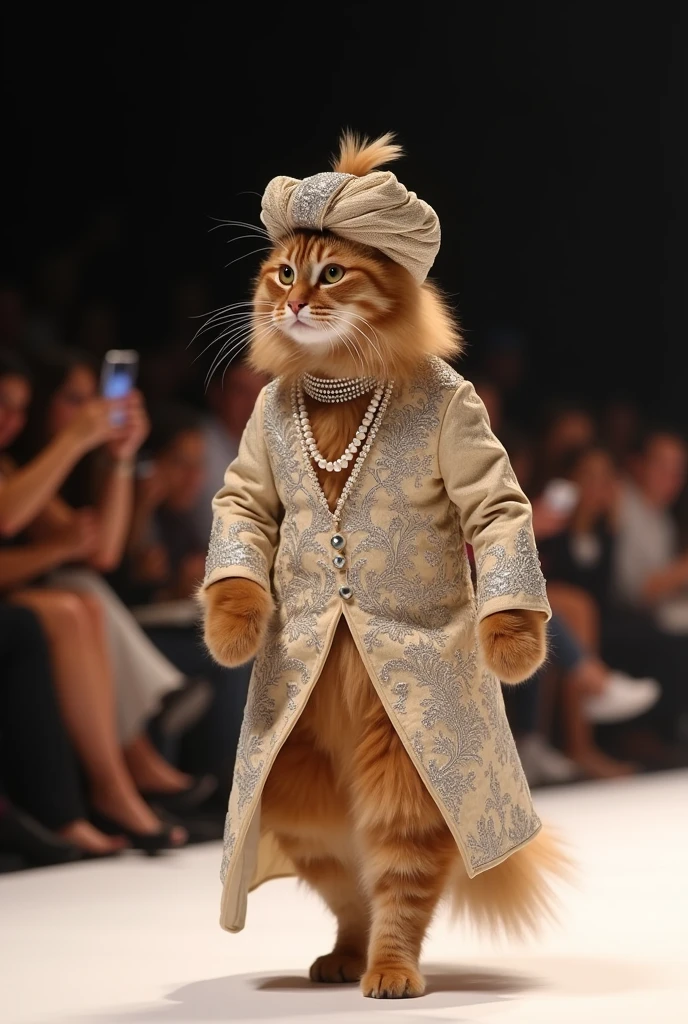 A fluffy brown tabby cat glides down a runway on two legs, wearing a stunning Pakistani groom's sherwani with heavy silver embroidery. He wears a matching turban and a pearl necklace. The crowd is enchanted, snapping photos of this glamorous groom."