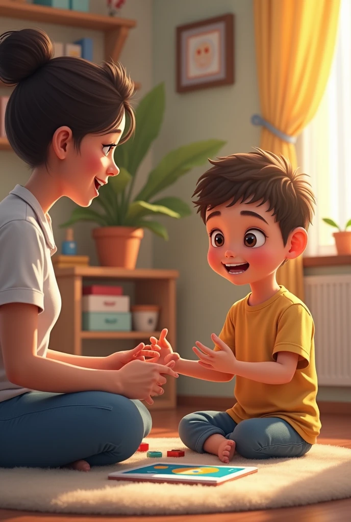 autistic child in therapy room with speech therapist stimulating communication