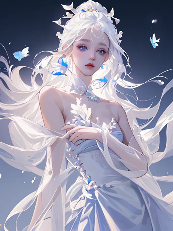 1 girl, Transparent water, Blue Butterfly, Pure white gauze skirt, A sparkling girl,China costume,whole body,Sunlight,Clear face,Clean white background,masterpiece,Super Detail,Epic composition,Extremely detailed,Official Art,8k wallpaper,Super Detail,32K,Long hair,White hair,Large petals,breeze,chiffon,Blue Eyes,Gorgeous hair accessories,Kapok,high resolution, bust,moonlight,chiffon,Gorgeous clothes,masterpiece,Epic Works,Clean background,Flowing sleeves,whole body像,front,Full breasts
