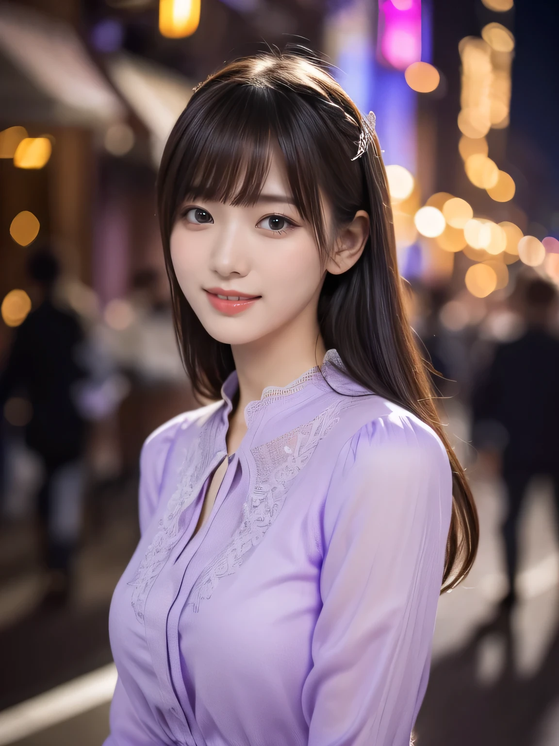 1 girl,(Wearing a lilac blouse:1.2),(Raw photo, highest quality), (realistic, Photoreal:1.4), table top, Very delicate and beautiful, very detailed, 2k wallpaper, wonderful, In detail, Very detailed CG Unity 8K wallpaper, very detailed, High resolution, soft light, Beautiful detailed girl, very detailed目と顔, beautifully detailed nose, detailed and beautiful eyes,Cinematic lighting,night city lights,perfect anatomy,Slender body,smile, random body orientation,