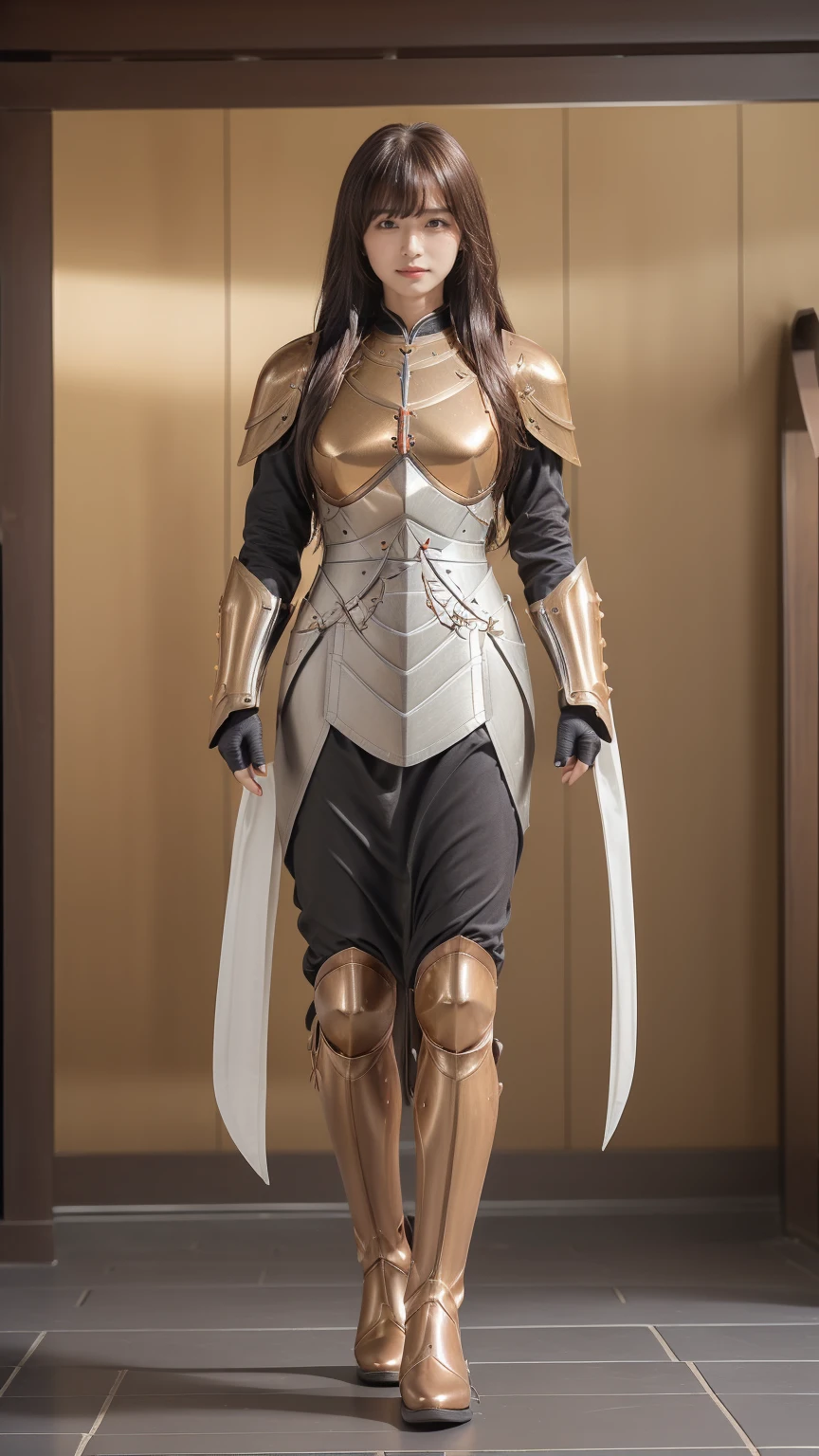 ((Full body photo, standing, feet on the floor)) ((1 girl:1.5),curved,,beautiful breasts,breasts big,darkskin,(pointy breasts),(erect nippleslips)),((realisitic:1.2),8k,ultra HD,high resolution,best qualityer,work of art,(Sense of presence:1.5),(dynamic:1.5),(audacious:1.5)),(thin hair:1.8),(slickedback hair:1.5),(Long Swept Bangs:1.5),(extra light copper amber hair),((hair over one eye:1.2)),(ful dressed:1.5),leather boots,(carbon knight armor:1.5),(embroidered white porcelain clothes:1.5,(long sarong)),(battoujutsu stance:1.2,long spear),grit