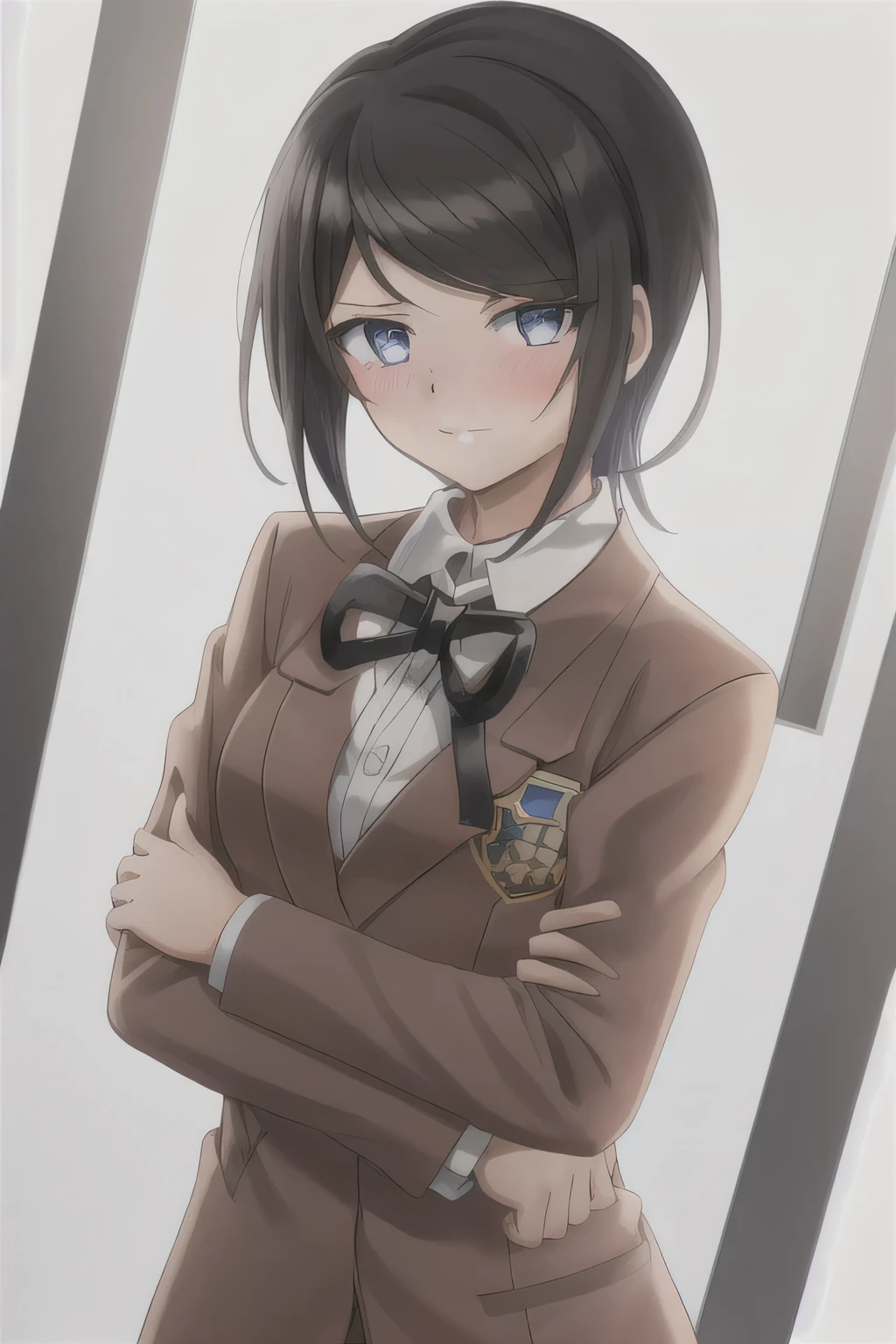 Masterpiece, Best Quality,  1girl, solo, jacket, ribbon, shirt, neck ribbon, upper body, looking at viewer with shy blushing smile, collared shirt, brown jacket, white shirt, black ribbon, breasts, simple background, closed mouth, white background, long sleeves, shiny hair, school uniform, transparent background, medium breasts, shiny. 