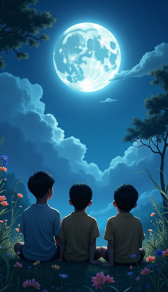 A three indonesian young boy and sits serenely in a lush, moonlit garden. The garden is illuminated by the gentle glow of the full moon, which casts soft, silvery light on the flowers and leaves. The sky is a canvas of twinkling stars, partially veiled by wispy, ethereal clouds. The boy gazes upward, lost in contemplation, as the tranquil scene unfolds around him.