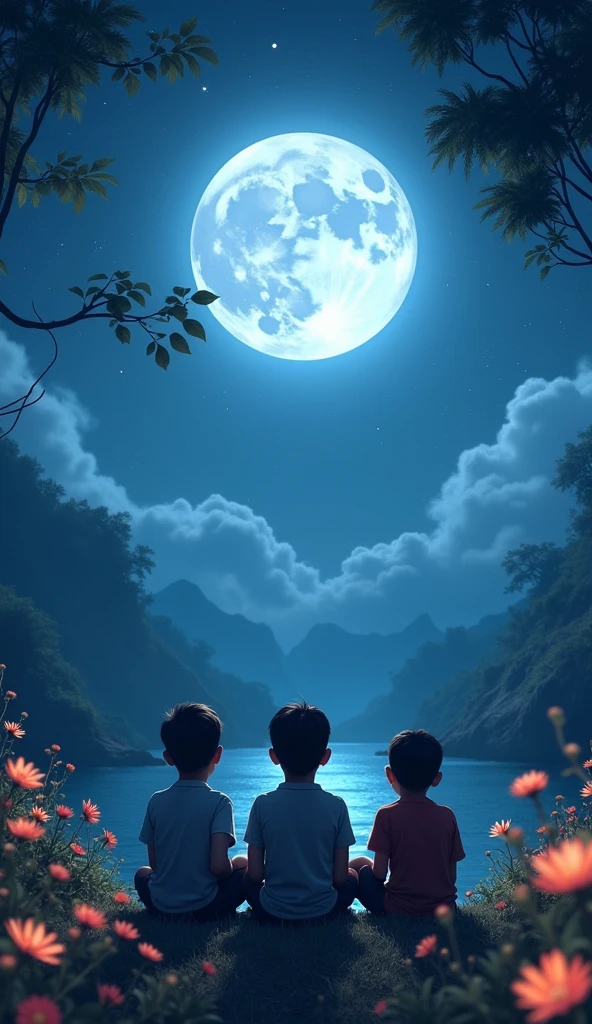 A three indonesian young boy and sits serenely in a lush, moonlit garden. The garden is illuminated by the gentle glow of the full moon, which casts soft, silvery light on the flowers and leaves. The sky is a canvas of twinkling stars, partially veiled by wispy, ethereal clouds. The boy gazes upward, lost in contemplation, as the tranquil scene unfolds around him.