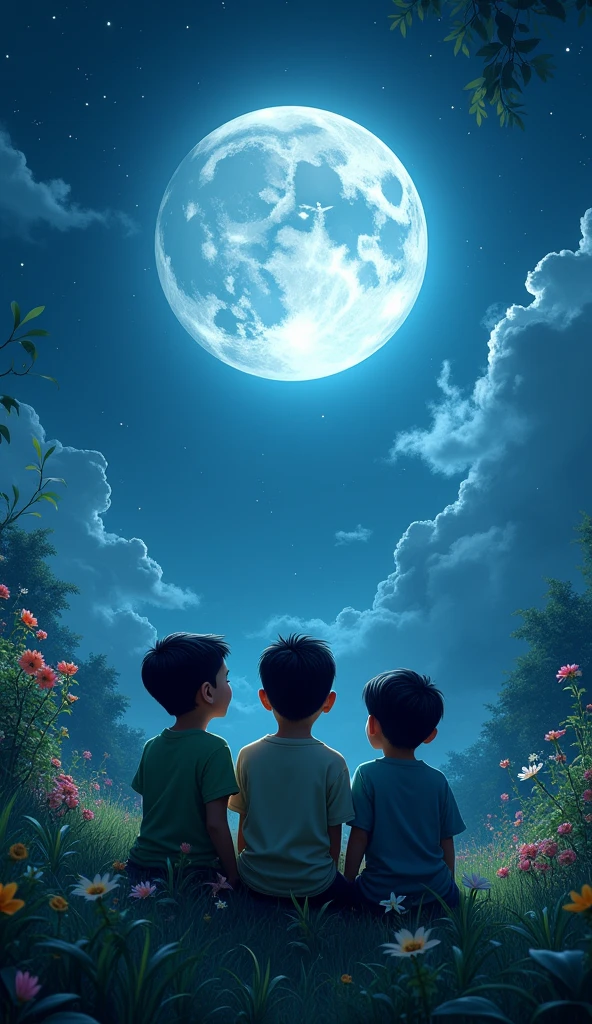 A three indonesian young boy and sits serenely in a lush, moonlit garden. The garden is illuminated by the gentle glow of the full moon, which casts soft, silvery light on the flowers and leaves. The sky is a canvas of twinkling stars, partially veiled by wispy, ethereal clouds. The boy gazes upward, lost in contemplation, as the tranquil scene unfolds around him.