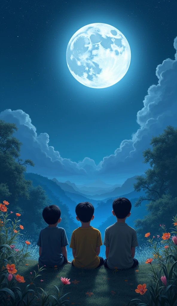 A three indonesian young boy and sits serenely in a lush, moonlit garden. The garden is illuminated by the gentle glow of the full moon, which casts soft, silvery light on the flowers and leaves. The sky is a canvas of twinkling stars, partially veiled by wispy, ethereal clouds. The boy gazes upward, lost in contemplation, as the tranquil scene unfolds around him.