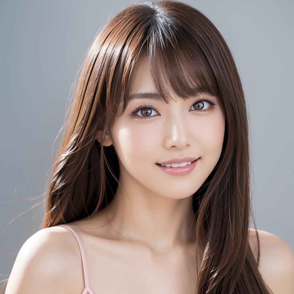 (Best Quality, 8k, 32k, Masterpiece, UHD: 1.3), Attractive Japan Woman Pictures, best detailed girl, One Girl, seductive smile, Ultra Detailed Face, Detailed Lips, Fine Eyes, Double Eyelids, light brown hair, asymmetrical hair, asymmetrical bangs, messy hair, close shot, best detailed girl, grey background,