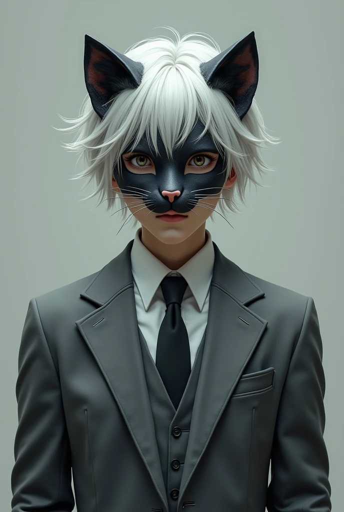 A young man with white hair wearing a cat-like mask and a gray suit.