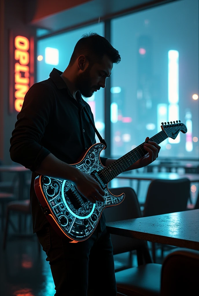 Man guitarist plays sci-fi guitar in cyberpunk cafeteria, it rainy behind window, it night behind window, dark ambient, photorealism