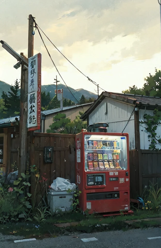there is a vending machine that is sitting on the side of the road, vending machine, convenience store, rural japan, o - yoroi, 90s japan, yoshiku, by Torii Kiyomoto, vending machines, oyama kojima, by Miyamoto, in karuizawa, kaguya ōtsutsuki, broken vending machines