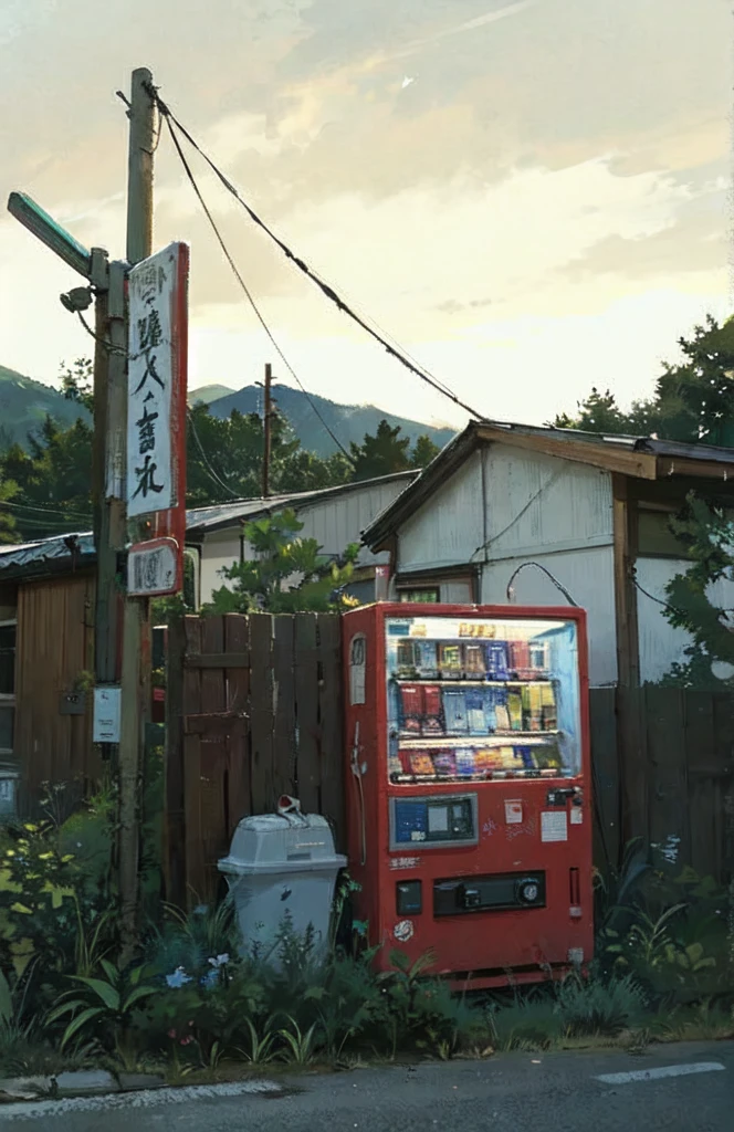 there is a vending machine that is sitting on the side of the road, vending machine, convenience store, rural japan, o - yoroi, 90s japan, yoshiku, by Torii Kiyomoto, vending machines, oyama kojima, by Miyamoto, in karuizawa, kaguya ōtsutsuki, broken vending machines