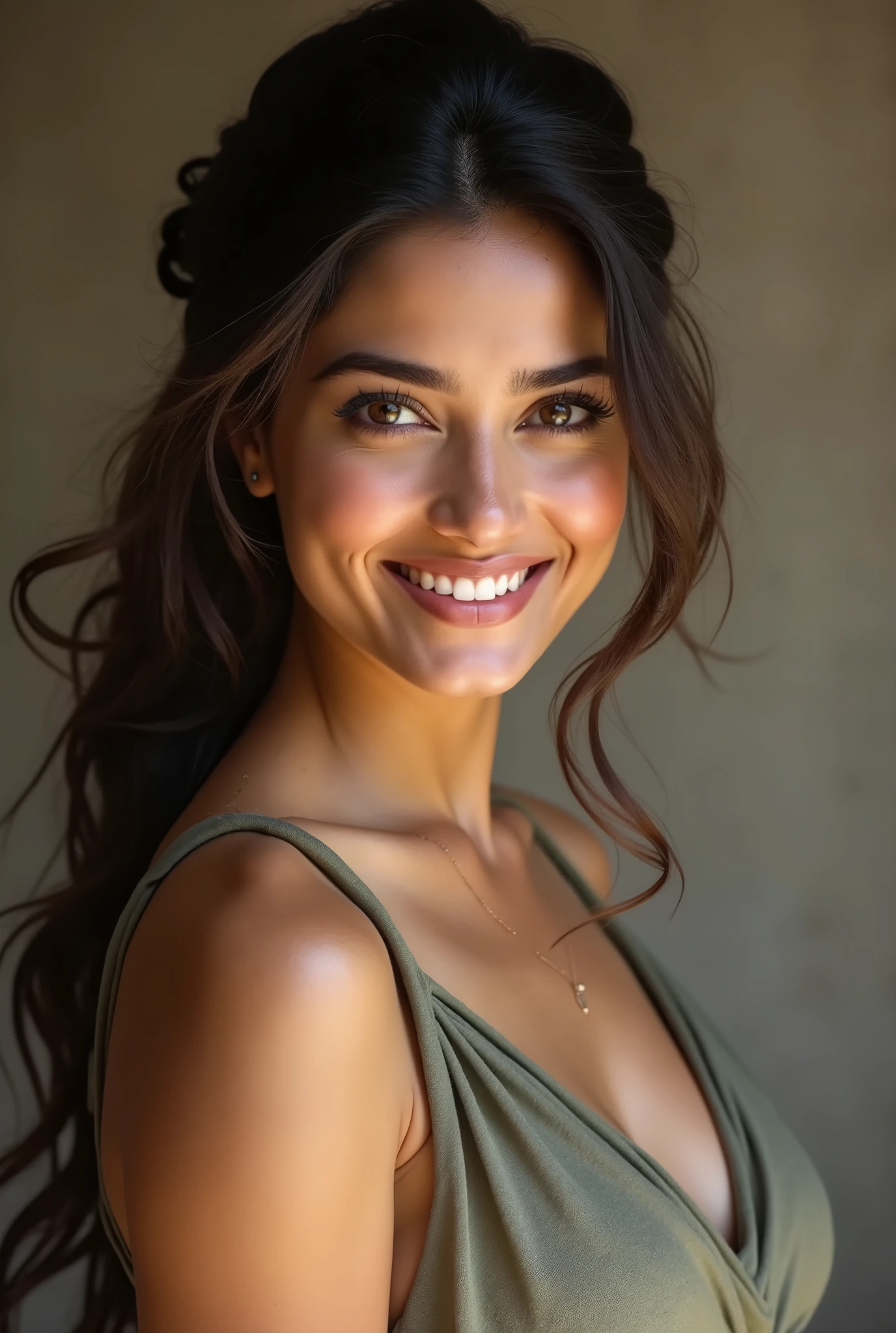 There is a young, Beautiful indian woman, who looks to the future like Katrina Kaif, Smiles into the camera, beautiful teeth, She looks into the camera, a portrait from raw photo, body, conservative modern europen color dress, ((hair French Twist),