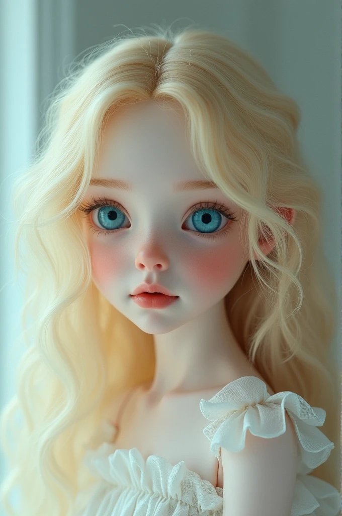 Girl with blonde hair and blue eyes who look luke unreal like a bjd doll