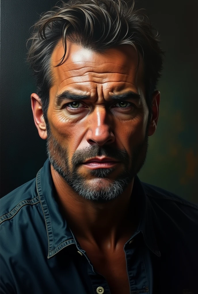 oil painting of man, portrait, dark shot, dramatic, extremely detailed, intricate, by Greg Rutkowski