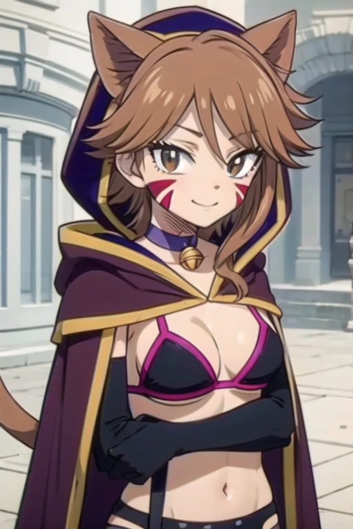 MILLIANNA, brown hair, brown hair, facial mark, whisker markings, cat ears, bikini, black bra, cape, elbow gloves, striped thighhighs, collar (or choker), bell, lingerie, garter belt, boots, cat tail, 1girl, solo, facing viewer, looking at viewer, upper body, smile, hood up