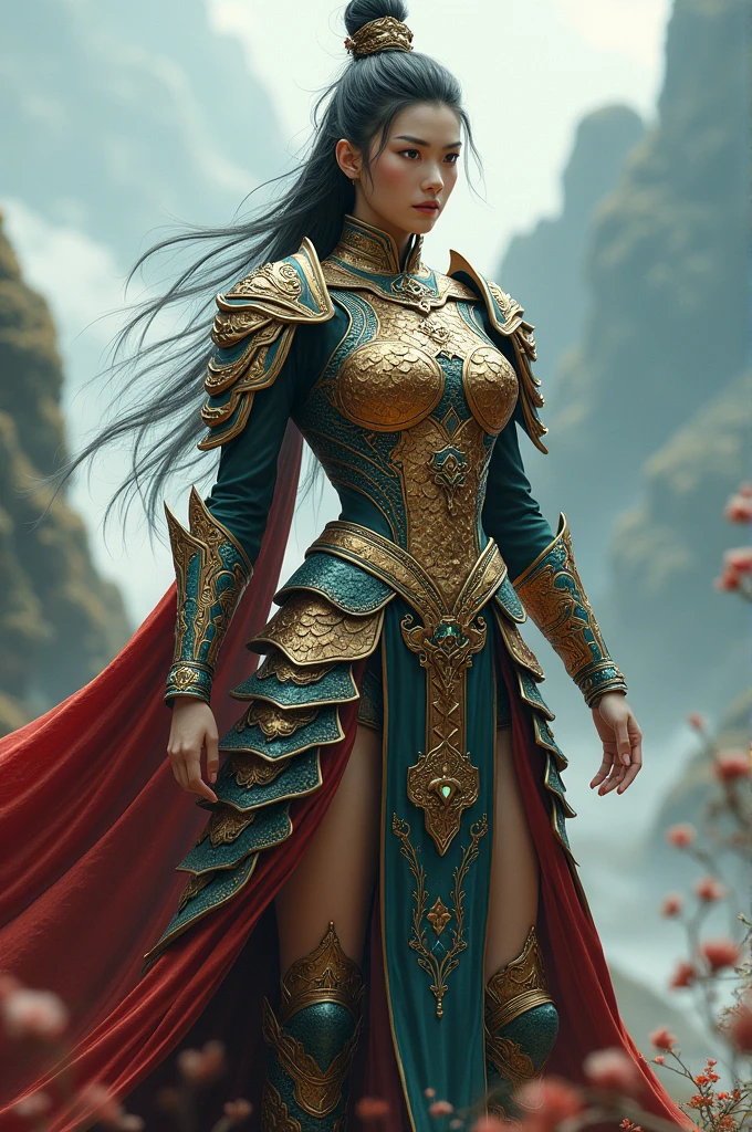 Chinese warrior woman dragon scale armor RPG style
