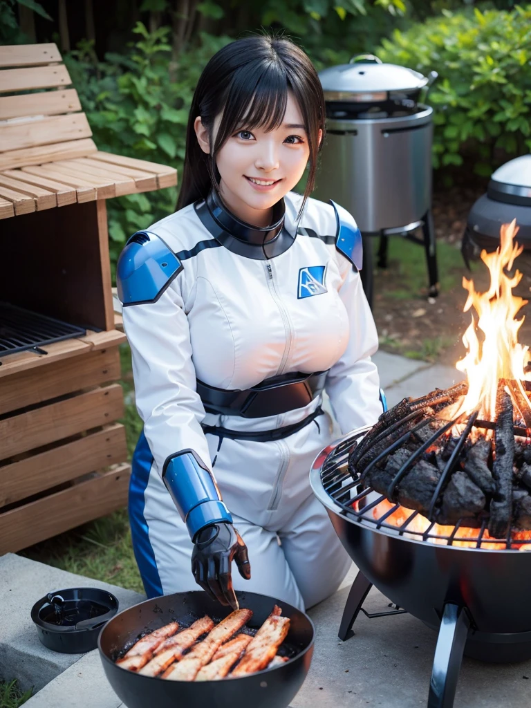 Japanese female android,Black Hair,White and blue robot suit,Plump,Make a barbecue on a campfire,smile