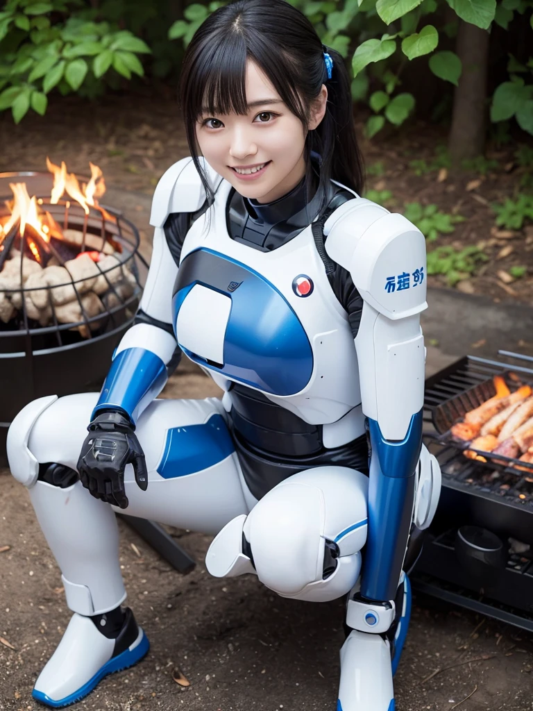 Japanese female android,Black Hair,White and blue robot suit,Plump,Make a barbecue on a campfire,smile