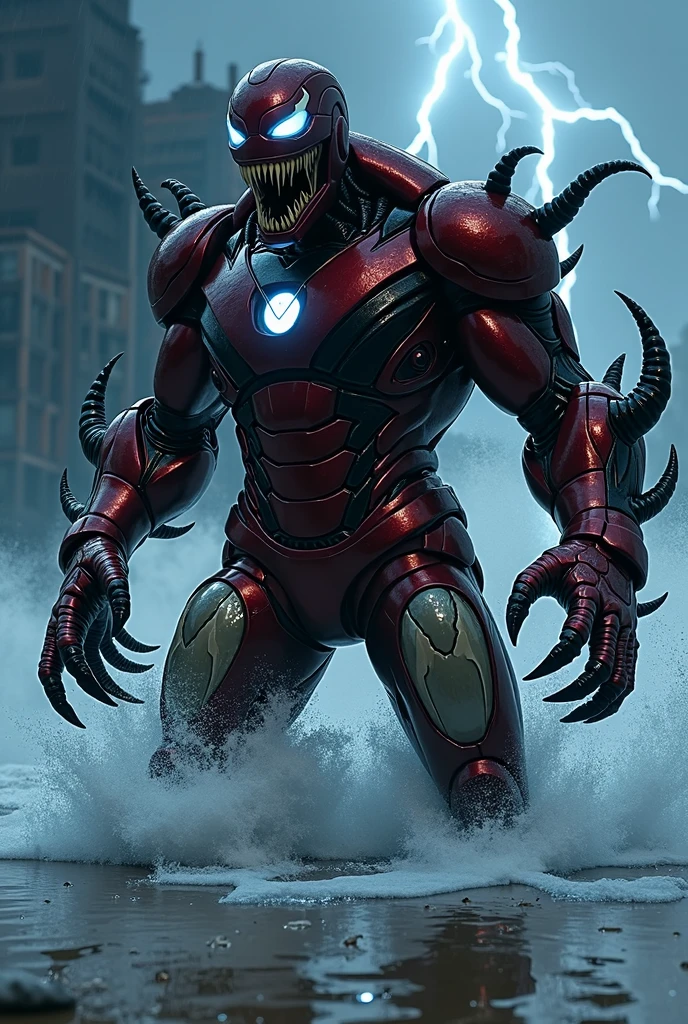 「Iron Man's armor standing in the darkness、Completely infected by the Venom symbiote、It has changed into a horrible shape。The whole armor is、Covered in pitch black symbiotes、Loss of metallic luster。On the surface of the armor、The symbiote wriggles like liquid.、It's like a living thing is moving.。The black Venom symbiote spreads fluidly across his chest.、Iron Man's iconic arc reactor is shrouded in deep darkness.、It emits a strange light。
On the shoulders and arms of the armor、Sharp symbiote claws protruding、Black tentacles stretch out from its wrists.。These claws and tentacles、Pierces Iron Man's armor、It appears to cut through the space around it.。Especially on the arms、The symbiote's protrusions, like sharp blades, protrude from it.、Like a predator trying to catch its prey。
From the chest of the armor、Venom's mouth opens wide、Sharp fangs peeking out。Black liquid drips from the mouth、It has an eerie presence that inspires fear.。In the eye area、Venom's distinctive white eyes glow eerily.、Combined with the surrounding darkness、It exudes a cold, intimidating presence.。
In the background、The ruins of a ruined city spread、It shows buildings collapsing amid thunder.。The rain is pouring down、The black symbiote shines through the surface of the armor.。The whole scene is filled with overwhelming darkness and fear.、The image highlights how Venom is the terrifying overlord of darkness who controls Iron Man's armor.。」