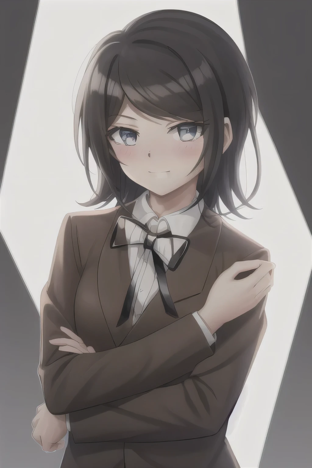 Masterpiece, Best Quality,  1girl, solo, jacket, ribbon, shirt, neck ribbon, upper body, looking at viewer with shy blushing smile, collared shirt, brown jacket, white shirt, black ribbon, breasts, simple background, closed mouth, white background, long sleeves, shiny hair, school uniform, transparent background, medium breasts, shiny. 