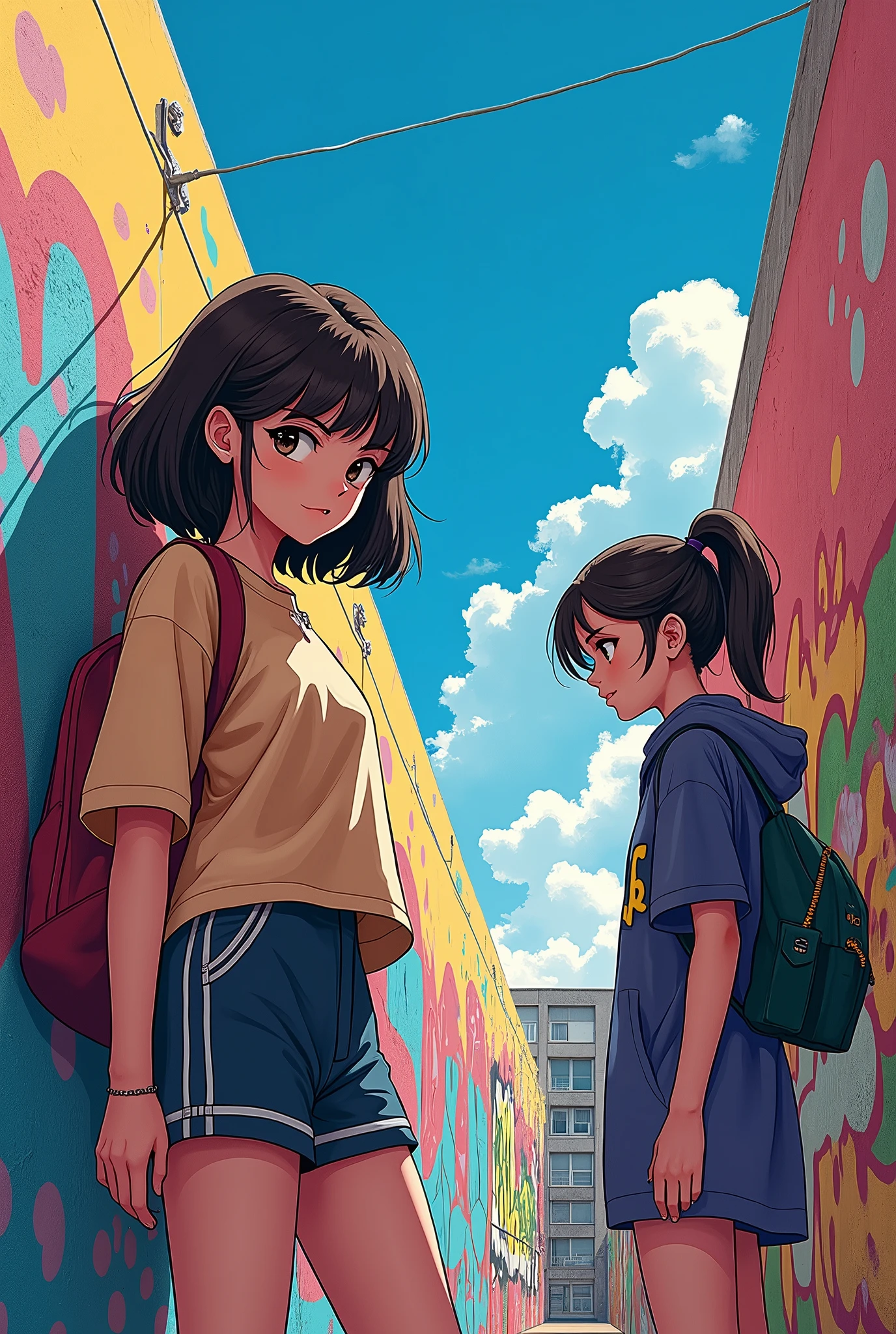 (best quality), masterpiece, extremely detailed CG uniform 8K illustration, high color, extremely high color saturation, all colors deepened, paint, graffiti art, center composition, extremely detailed light and shadow, graffiti wall, wall painted bright, 1 girl graffiti 1 girl looking at the wall, extremely detailed face and eyes, medium length hair, sportswear, colored clouds