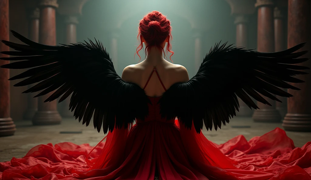 Hyperealism cinematic film still 8k highly detailed and realistic . In a mystic setting, taking style of Lilith, in the more subtle way, featuring a women, Asian, red hair, back view, red dress with black feathered wings, outer ambience with dark light settings
