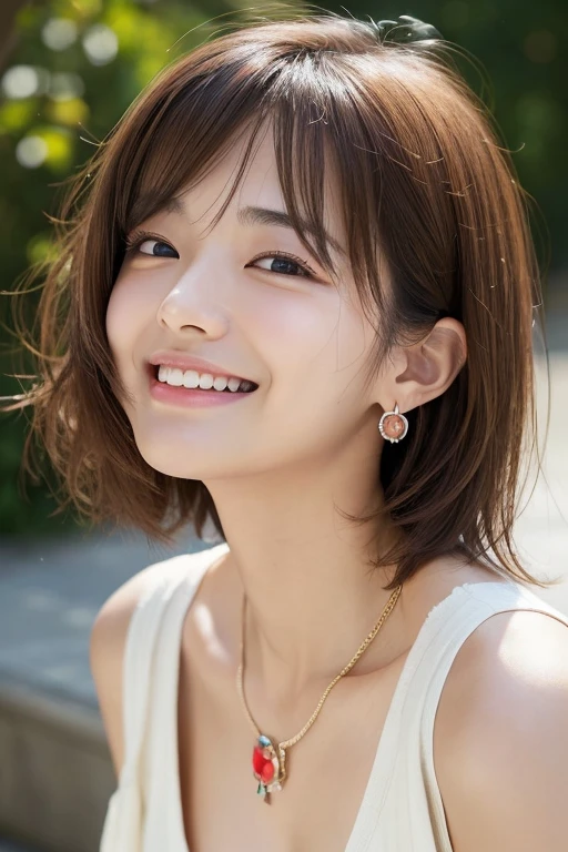 (((masterpiece))), ((photo realistic:1.3)), Japanese girl, thin eyebrows, (broad jawline,puffy face), no make up, (flat chest:1.3), short bob cut , light brown hair, ((messy hair)), earrings, necklace, tearful face, (laugh out loud:1.3), extreme close up ,  Tiered skirt, Big T