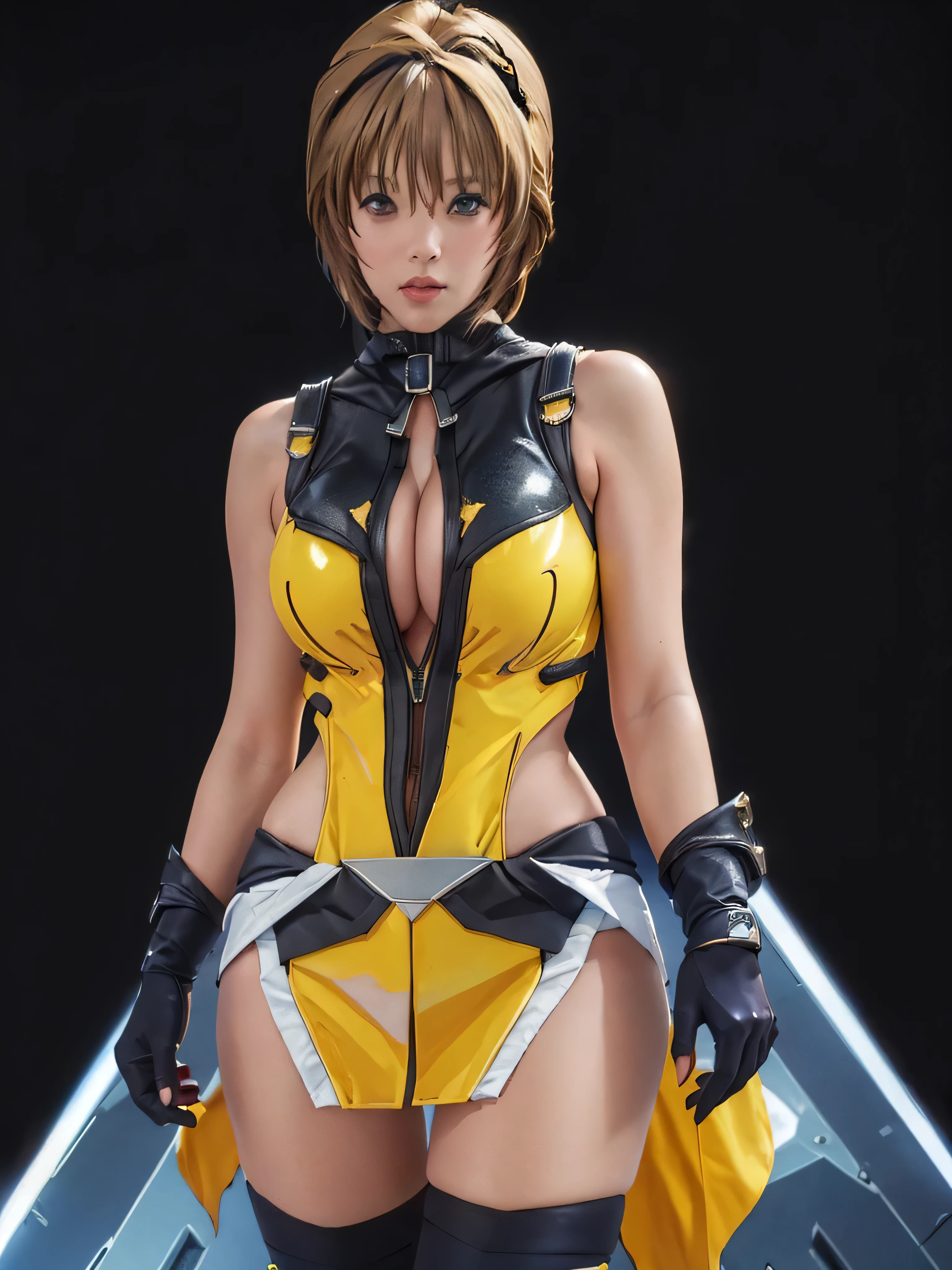 takamori haruka、最high quality、high quality,, ((Masseter muscle area)), ((High resolution)), ((最high quality)), ((Ultra-realistic texture)), detailed, ((Glowing Skin)), (Shiny Yellow Bondage, Ripped black hot pants, Black muffler), Big Tits:1.5, Voluptuous bust, exposed navel, Bowl-shaped big breasts, (View from the front, Looking at the audience:1.5)、((background:Inside the futuristic facility:1.4))