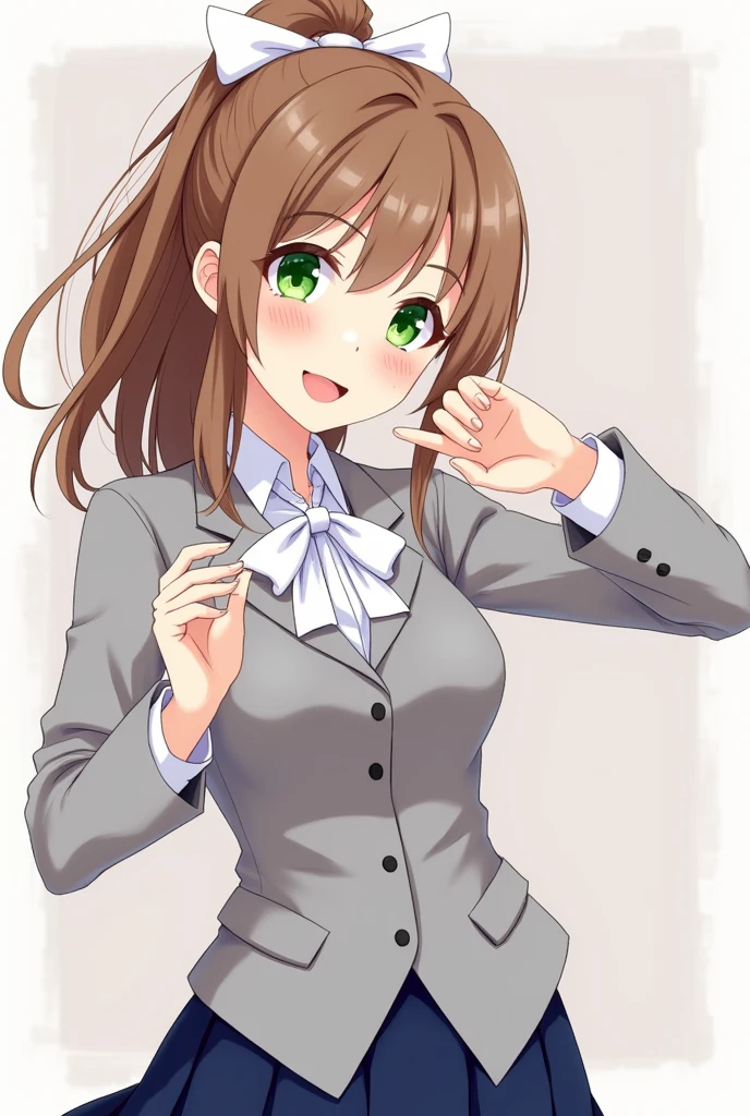 Monika, bangs, very long hair, smile, long hair, neck ribbon, looking at viewer, ponytail, shirt, school uniform, hair bow, white bow, pleated skirt, brown hair, grey jacket, sidelocks, solo, blush, blue skirt, skirt, 1girl, breasts, blazer, green eyes, eating poop focus, putting poop in the mouth,