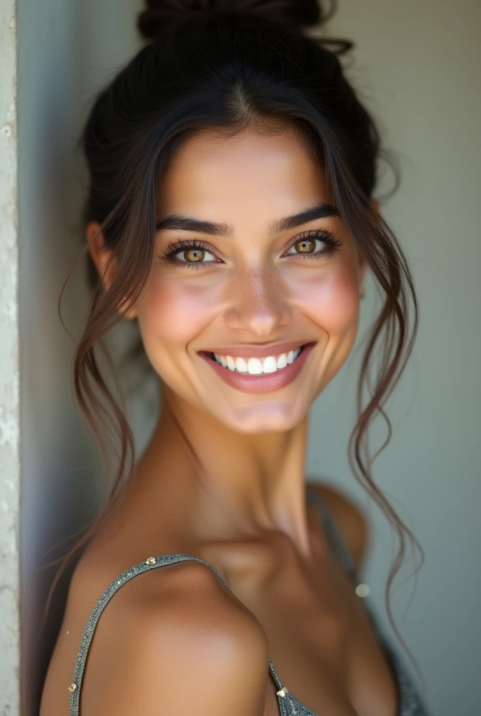 There is a young, Beautiful indian woman, who looks to the future like Katrina Kaif, Smiles into the camera, beautiful teeth, She looks into the camera, a portrait from raw photo, body, conservative modern europen color dress, ((hair Top Knot),