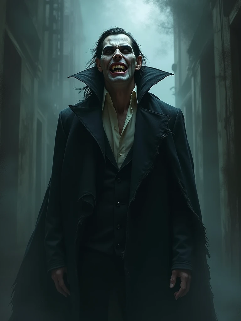 Fait une illustration d'un vampire, avec un sourire maléfique et les crocs bien visible, se tient debout sur un fond sombre et enfumé. Ses yeux sont grands ouverts et perçants, et son maquillage est exagéré et troublant. L'ambiance générale est celle du danger et de la folie. Art numérique, dark fantasy, inspiré du style de Greg Rutkowski et Brom.Détail élevé. L'éclairage est dramatique et de mauvaise humeur, avec des ombres et des reflets forts. L'arrière-plan doit être sombre et atmosphérique, avec de la fumée et de la brume tourbillonnantes. Les couleurs doivent être atténuées et désaturées, en mettant l'accent sur les noirs, les gris et les bleus. L'effet global est troublant et dérangeant.