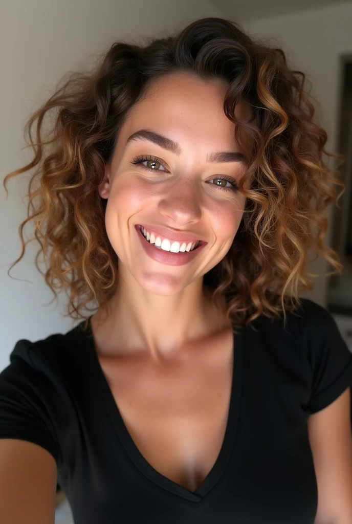 Maja 18, , photo, beautiful face, light brown curly hair, bright colors, medium breasted, big cleavage, smiling, wearing clean black t-shirt, hand selfie