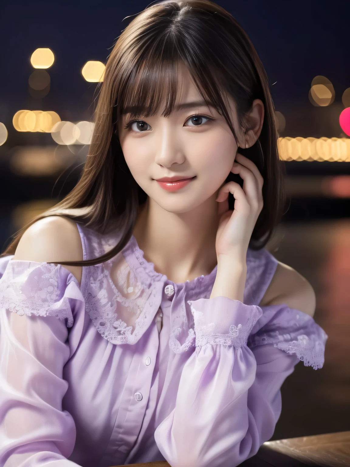 1 girl,(Wearing a lilac blouse:1.2),(Raw photo, highest quality), (realistic, Photoreal:1.4), table top, Very delicate and beautiful, very detailed, 2k wallpaper, wonderful, In detail, Very detailed CG Unity 8K wallpaper, very detailed, High resolution, soft light, Beautiful detailed girl, very detailed目と顔, beautifully detailed nose, detailed and beautiful eyes,Cinematic lighting,night city lights,perfect anatomy,Slender body,smile, random body orientation,