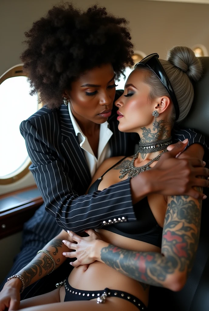 Two russian old milf women: the dominant aggressive dark skinned black woman in white silk blouse, business pinstripe suit jacket and pinstripe trousers,  long nails and afro hair, sitting on a sear of a private jet with possessive stance (arms around her girlfriends' shoulders squishing her tightly, groping the body of the white woman with her other hand). Next to her, her white rich drunk girlfriend leaning over her (very pale: pale face, pale neck, pale chest, pale arms, pale hands, pale stomach, pale leg), white woman stretches her neck and looks st the camera, submissive and shy look in her eyes white woman in laid back posture spreading her leg with hands on her neck and bra. White woman wears Black shiny studded leather thong, grey hair (pouf, shaved sides, top bun) and oversized square sunglasses as headband. Big lips. Black studded leather push up bra, silicone breasts. Barefoot. White woman wears a lot of necklaces and pendants around her neck, and a lot of silver bracelets. Loose chains and thin studded belts around the hips of the white woman. White woman is lazy, leaning back and hips forward, and arching her back.. The white woman is densely tattooed on neck,  tattoos on chest, tattoos on arms, tattoos on stomach, tattoos on legs. White woman has well Toned abdominals, thin neck, slim legs and thin arms. Narrow hips. Inside a private jet Good illumination 